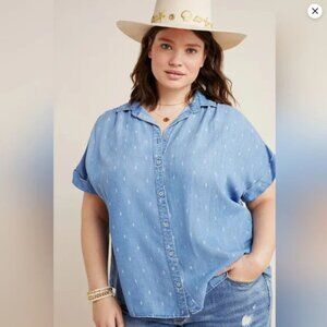 Anthropologie Cloth & Stone Short Sleeve Chambray Printed Button Down Top 2XL